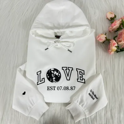 Custom "Two Hearts, One Moon" Anniversary/Birthday LOVE Embroidered EST Year Hoodie