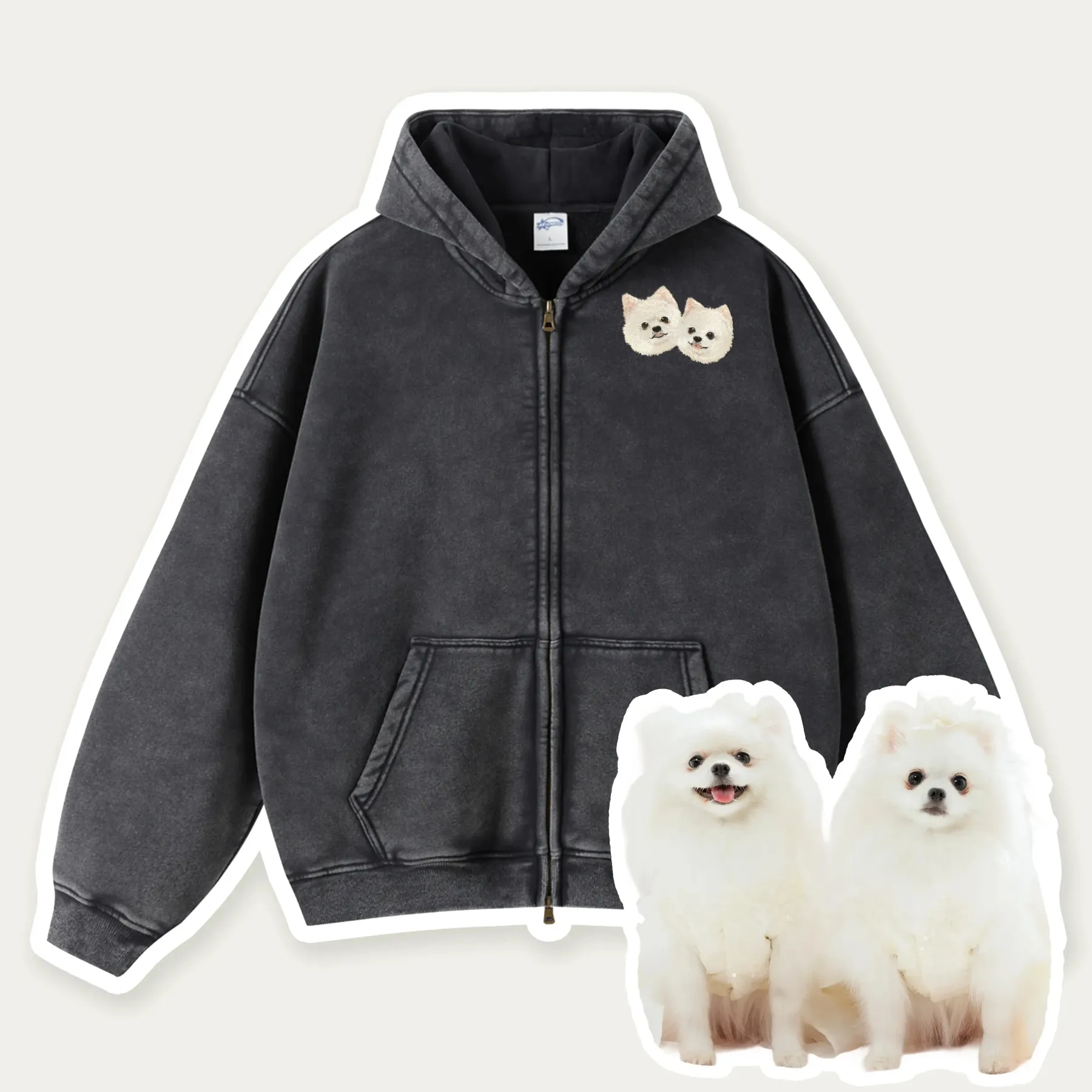 Custom Pet Embroidered Vintage Zip-Up Hoodie
