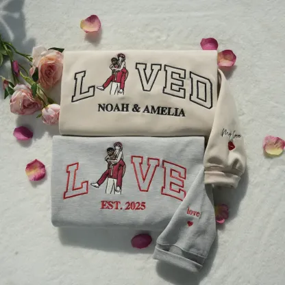 Personalized Embroidered Photo Couple LOVE & LOVED Sweatshirt/Hoodie/T-shirt Set