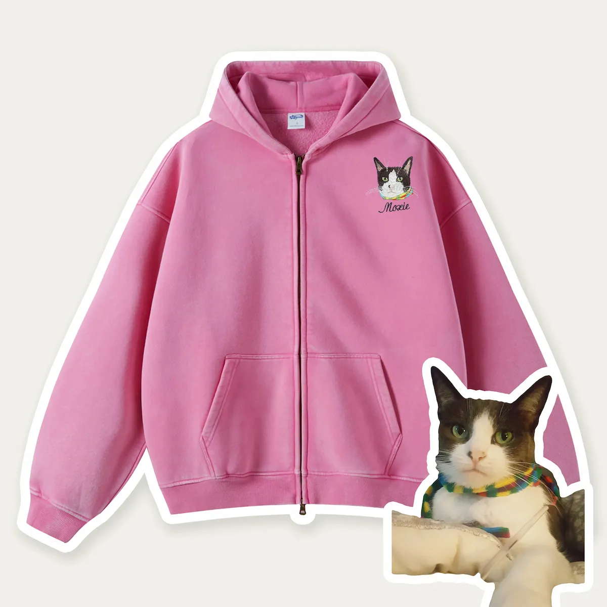 Custom Pet Embroidered Vintage Zip-Up Hoodie