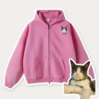 Custom Pet Embroidered Vintage Zip-Up Hoodie