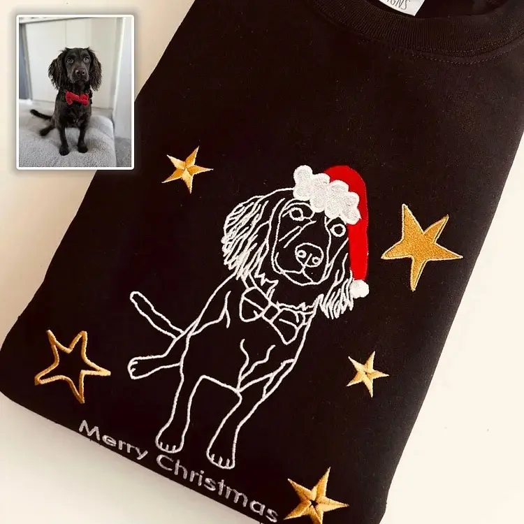Custom Pet Portrait Christmas Starry Night Outline Embroidered Sweatshirt, Hoodie, T-Shirt-forlovever
