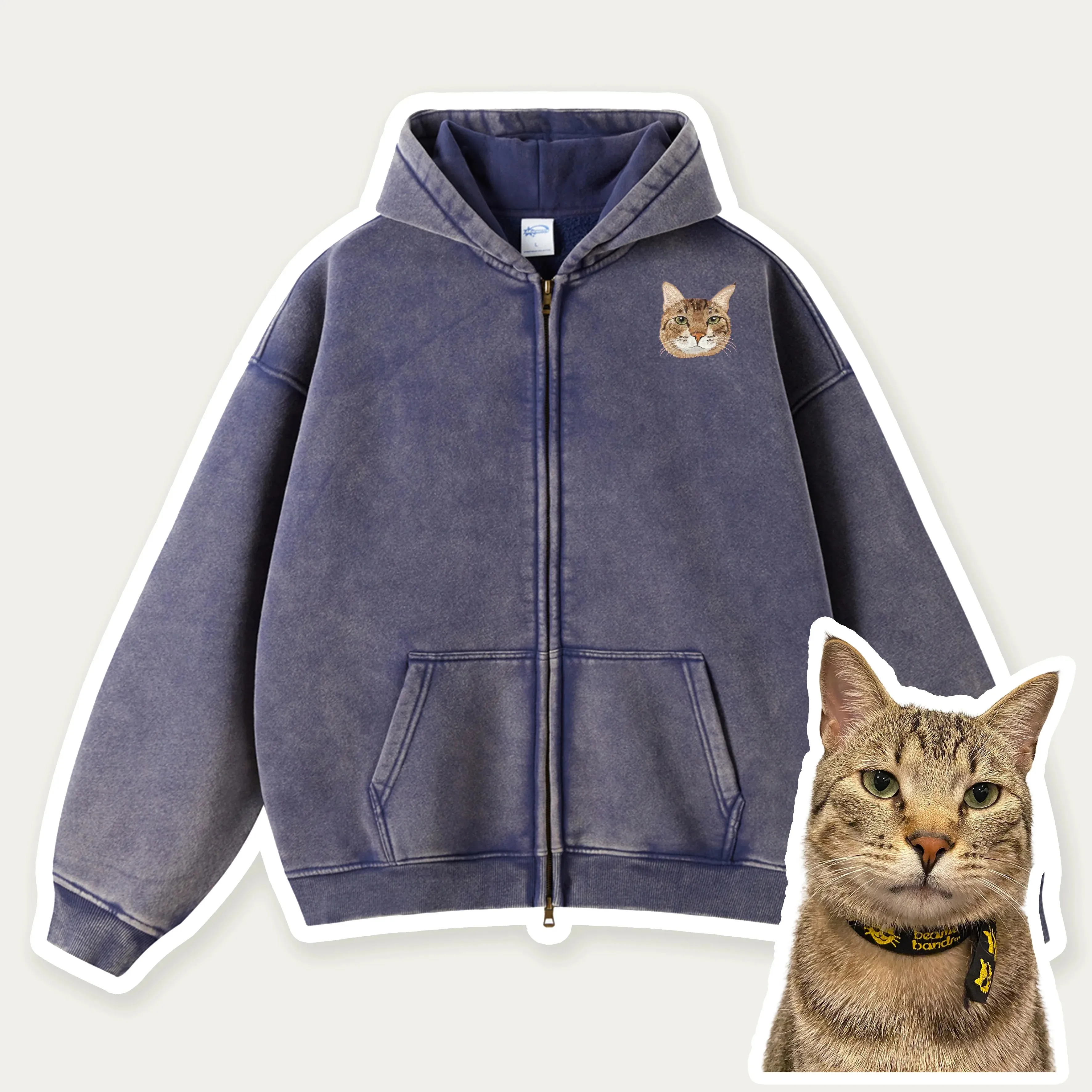 Custom Pet Embroidered Vintage Zip-Up Hoodie