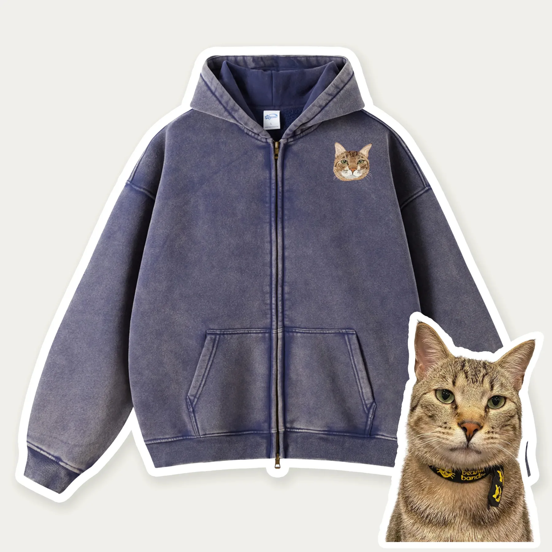 Custom Pet Embroidered Vintage Zip-Up Hoodie