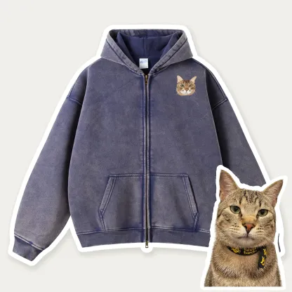 Custom Pet Embroidered Vintage Zip-Up Hoodie