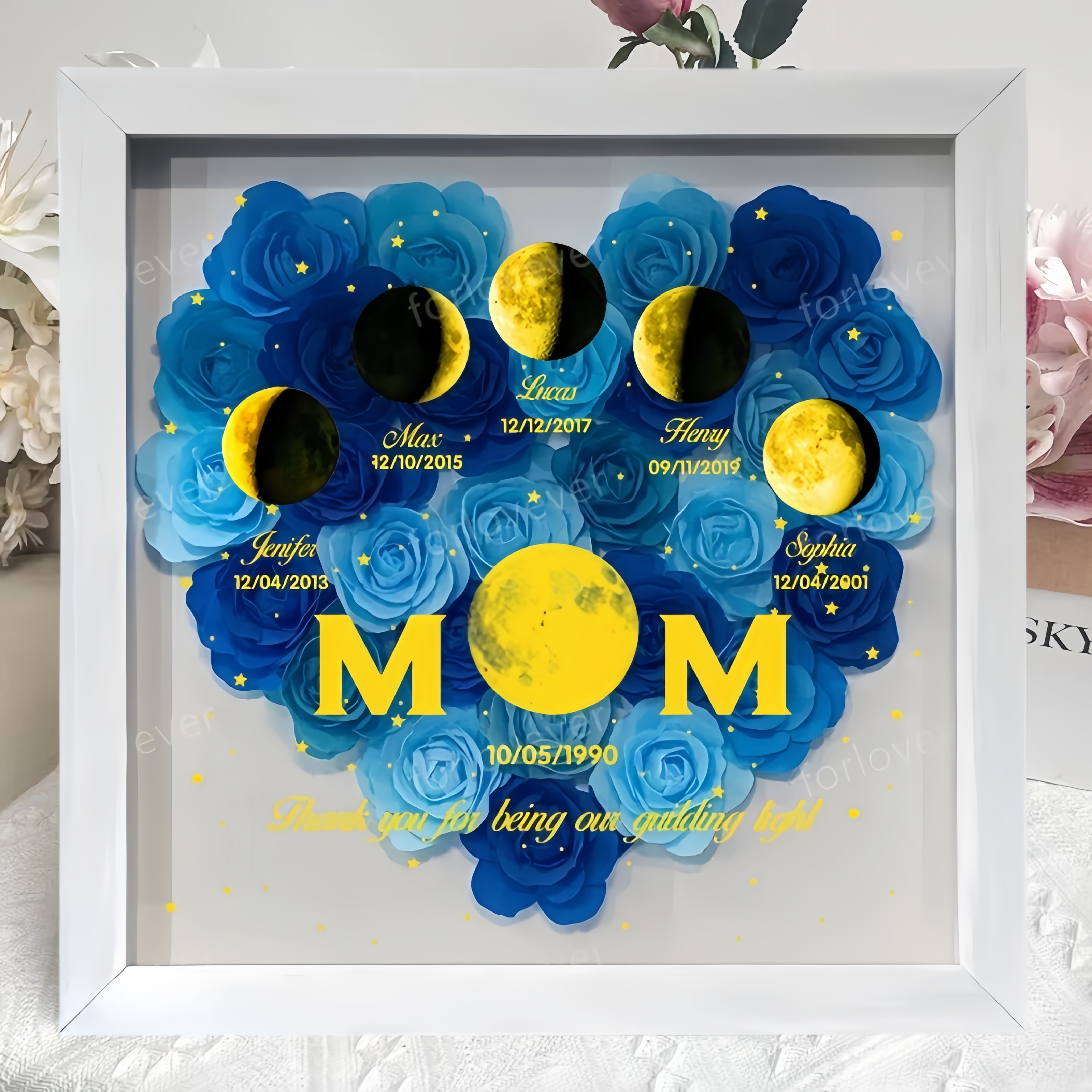 Mummy's Universe - Personalised Customised Starry Moon Phase Flower Shadow Box-forlovever