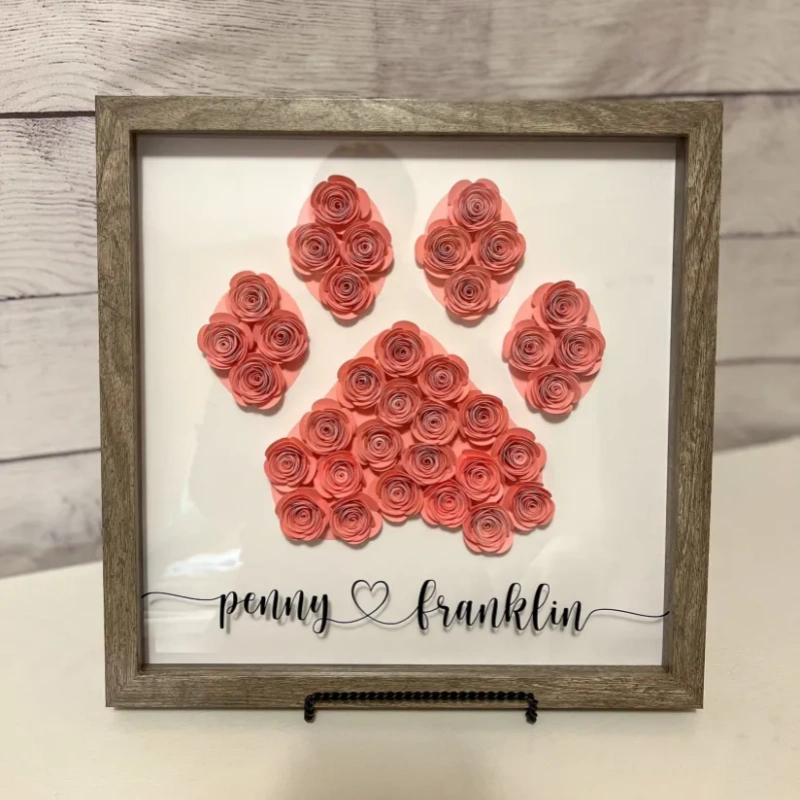 Cat Paw Print Paper Flower Shadow Box, Pet Name Shadow Box, Gifts With Pet Names-forlovever