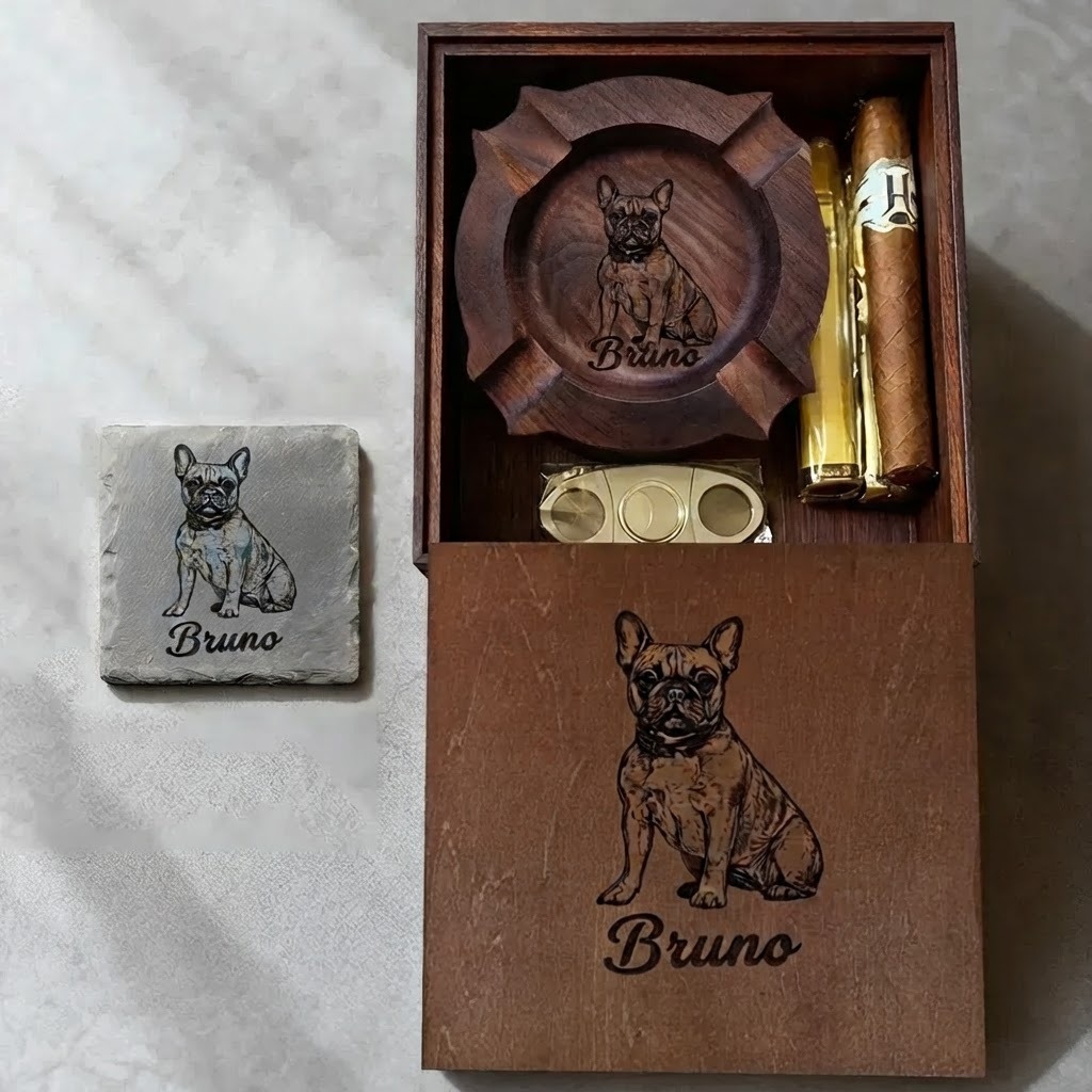 Personalized Pet Portrait Engraved  Cigar Ashtray, Pet Lover Gift for Him, Dog Dad Gift