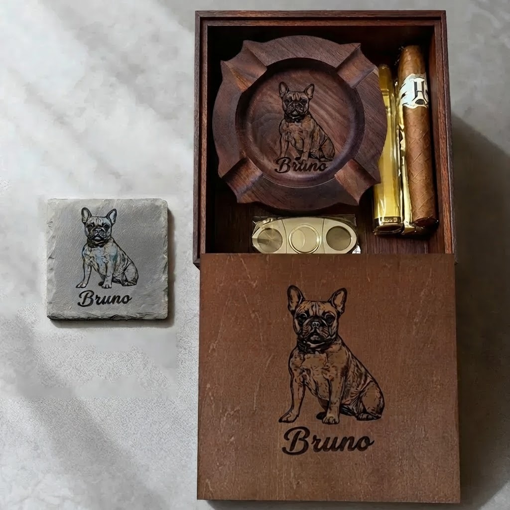Personalized Pet Portrait Engraved  Cigar Ashtray, Pet Lover Gift for Him, Dog Dad Gift