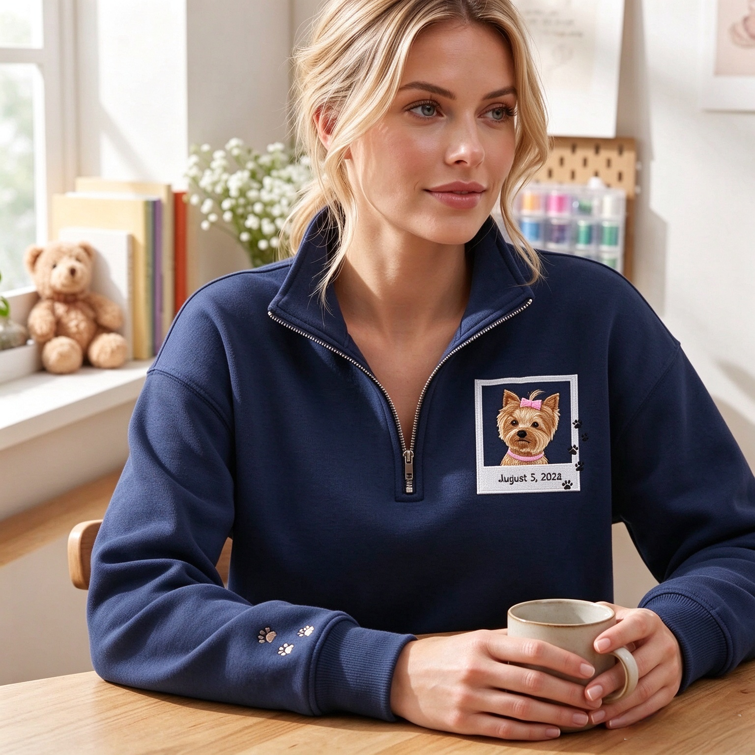 Personalized Pet Portrait Quarter Zip Sweatshirt, Custom Dog or Cat Face Embroidered Pullover, Pet Mom Gift, Pet Memorial Keepsake