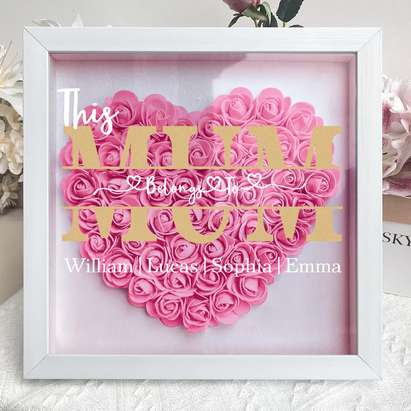 'This MOM Belongs to' Personalized Flower Shadow Box Custom Name & Text Heart Rose Frame Decorations Mother's Day Gift-forlovever