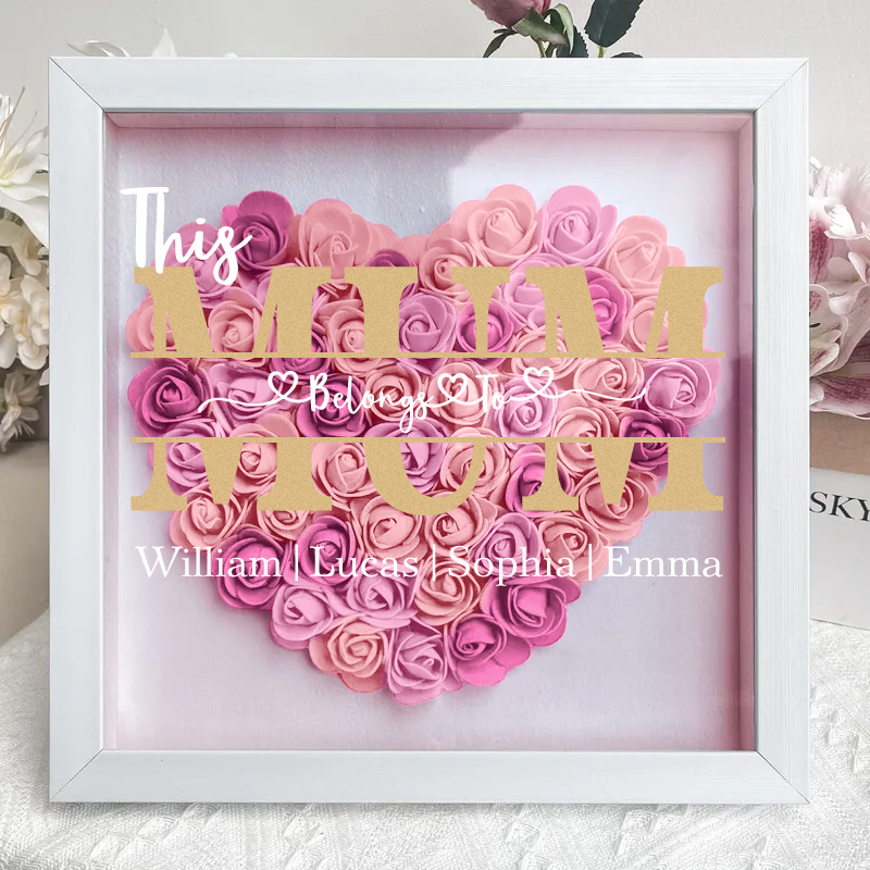 'This MOM Belongs to' Personalized Flower Shadow Box Custom Name & Text Heart Rose Frame Decorations Mother's Day Gift-forlovever