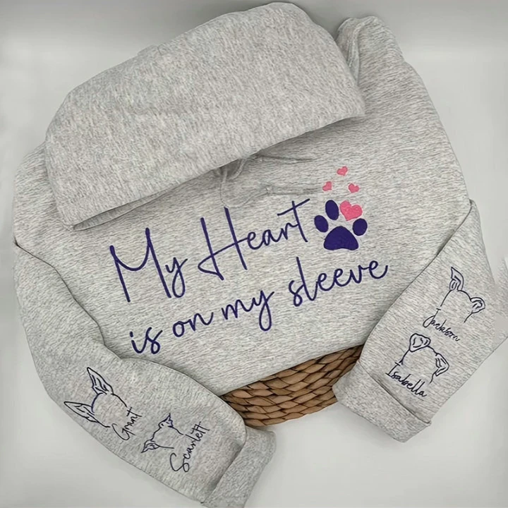 My Heart Is On My Sleeve Embroidered Sweatshirt, Custom Cat Face On Sleeve-forlovever