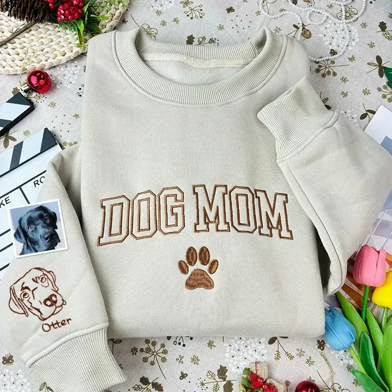 Embroidered Dog Mom with paw Sweatshirt, Dog Mama Crewneck, Pet Lovers Gift