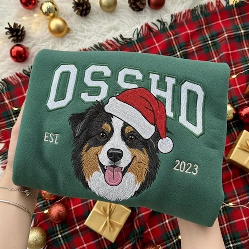 Custom Pet Portrait Christmas Hats Preppy-Style Embroidered Sweatshirt, Hoodie, T-Shirt