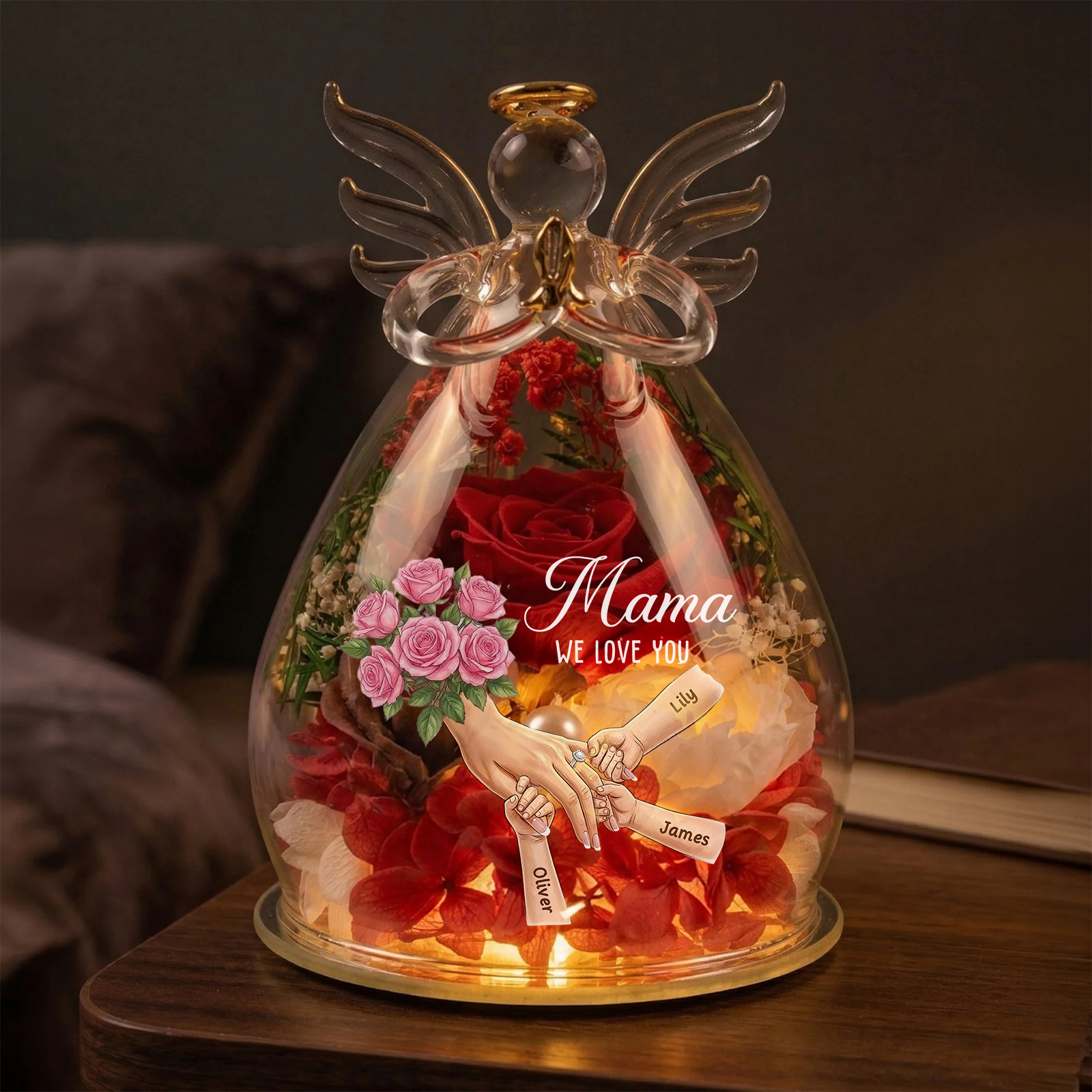 Mommy Holding Hands Personalized Flower In Angel Figurines with Ring & Manicure-Mother‘s Day Gift