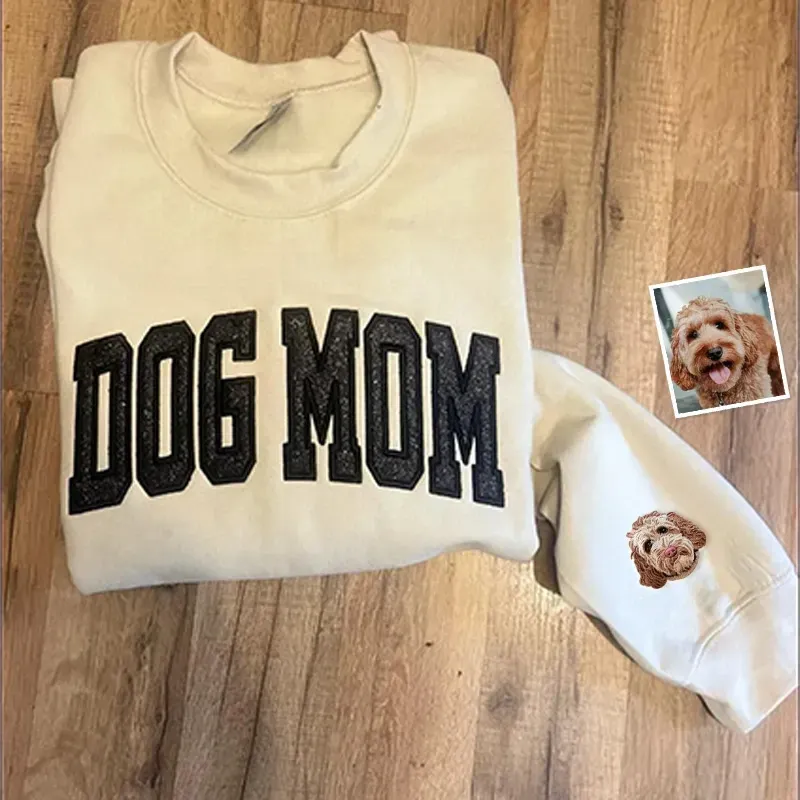 Dog Mom Glitter Applique Embroidered Sweatshirt-forlovever