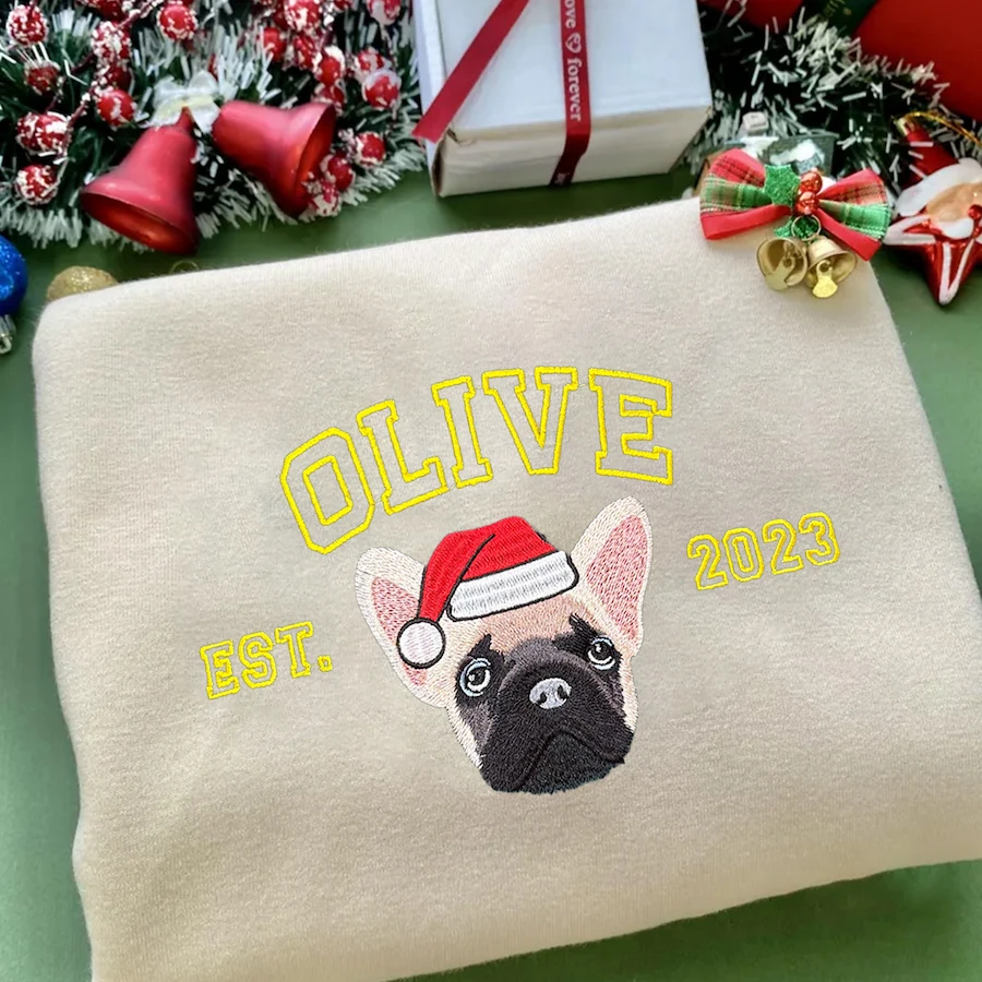 Custom Pet Face Embroidered Christmas Sweatshirt, Christmas Gift For Pet Lovers