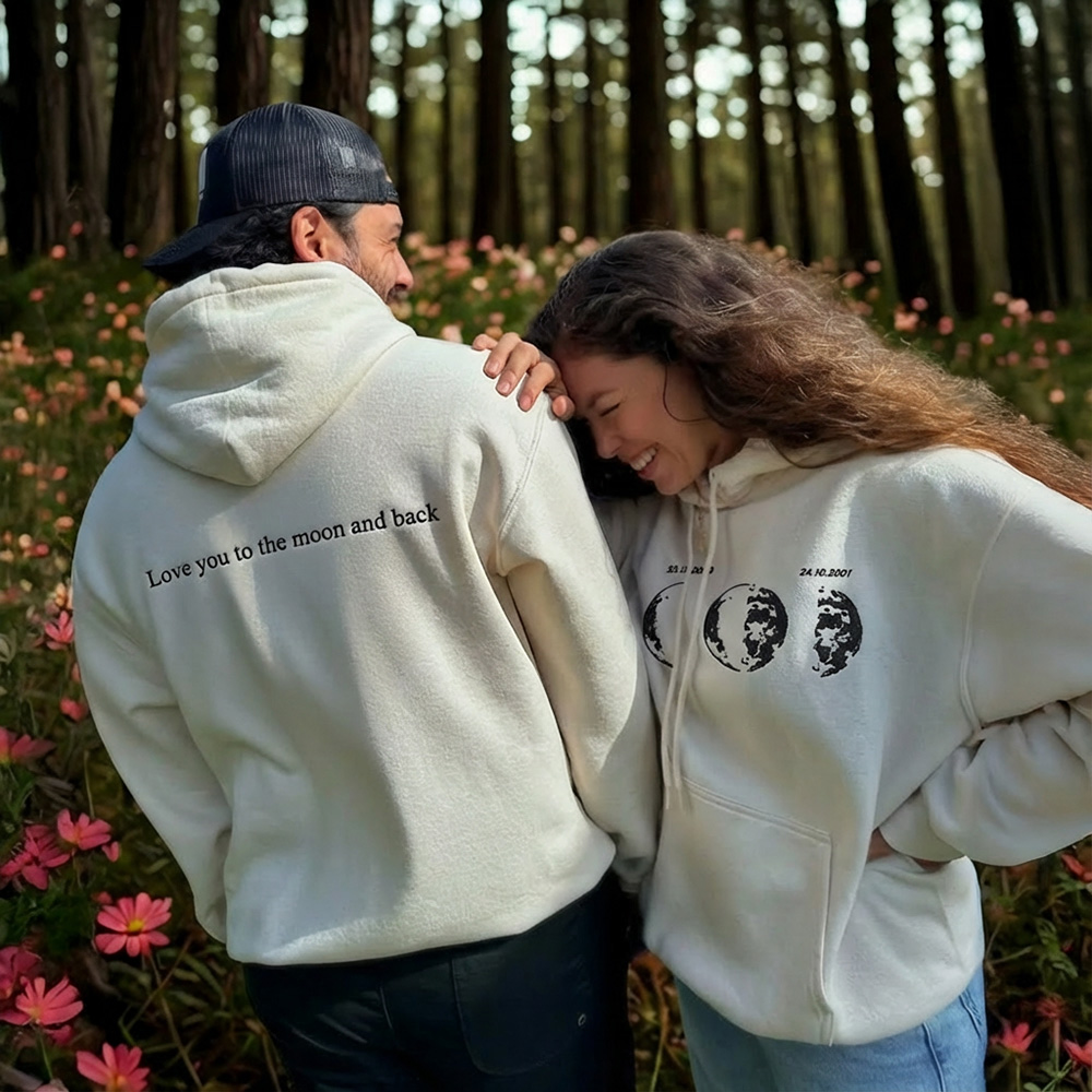 Custom Embroidered Couple Hoodie with Moon & Silhouette Design