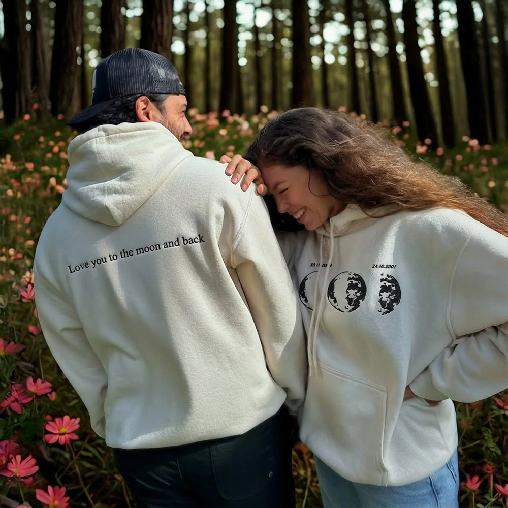 Custom Embroidered Couple Hoodie with Moon & Silhouette Design