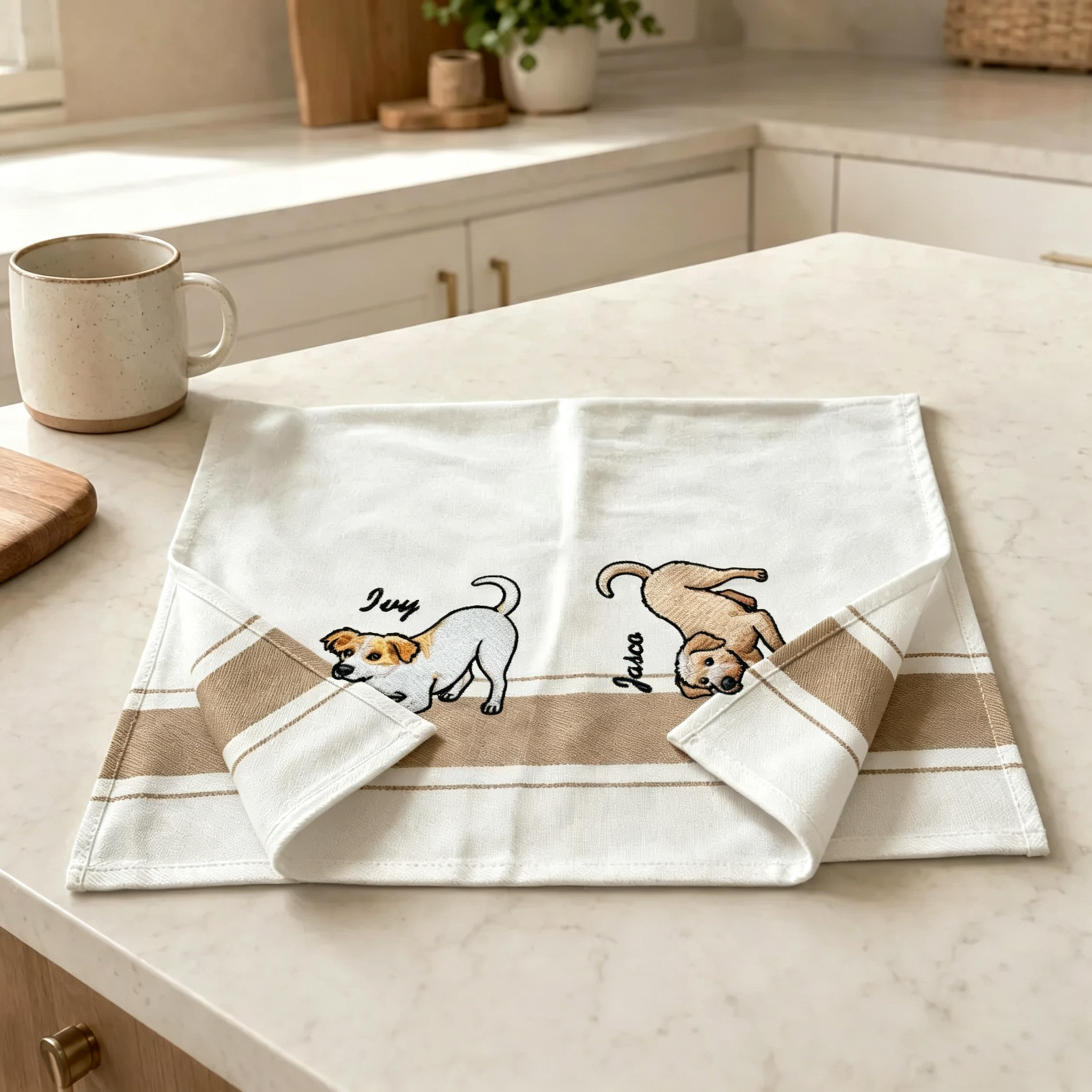 Custom Pet Portrait Embroidered Kitchen Towel with Name | Personalized Dog & Cat Towel