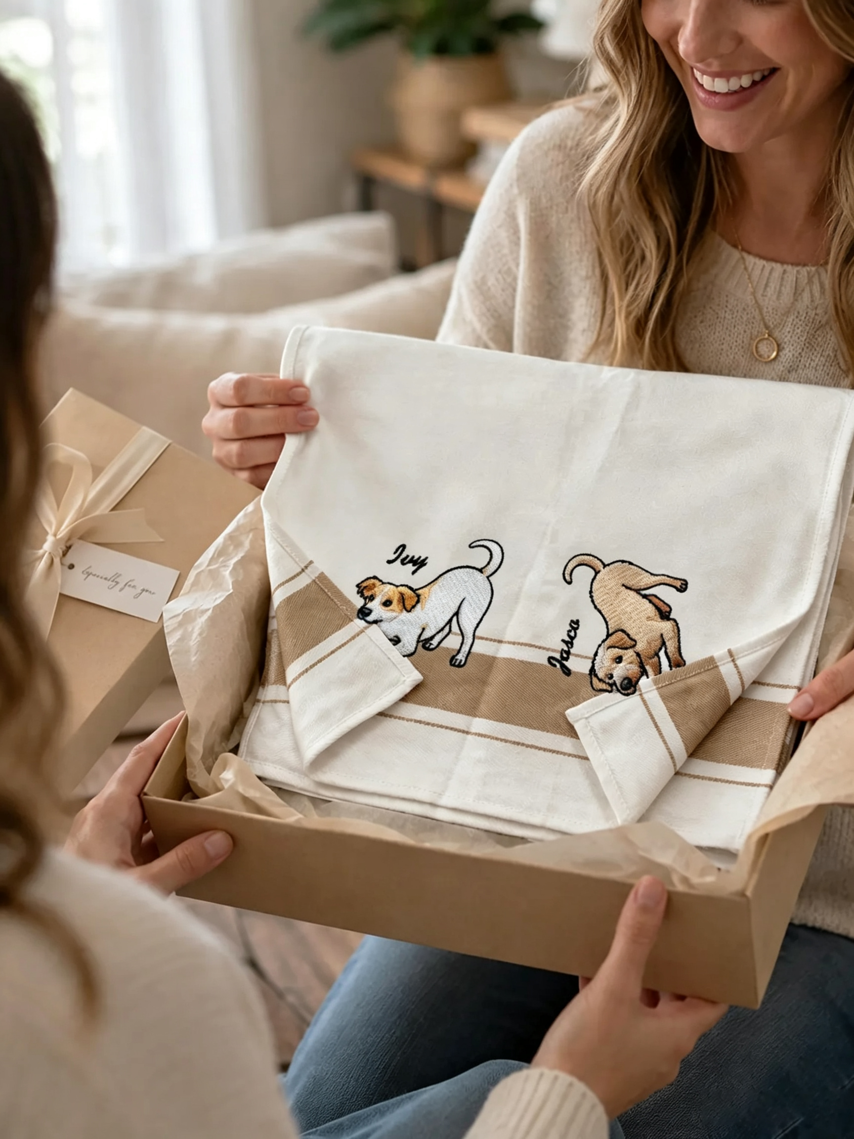 Custom Pet Portrait Embroidered Kitchen Towel with Name | Personalized Dog & Cat Towel