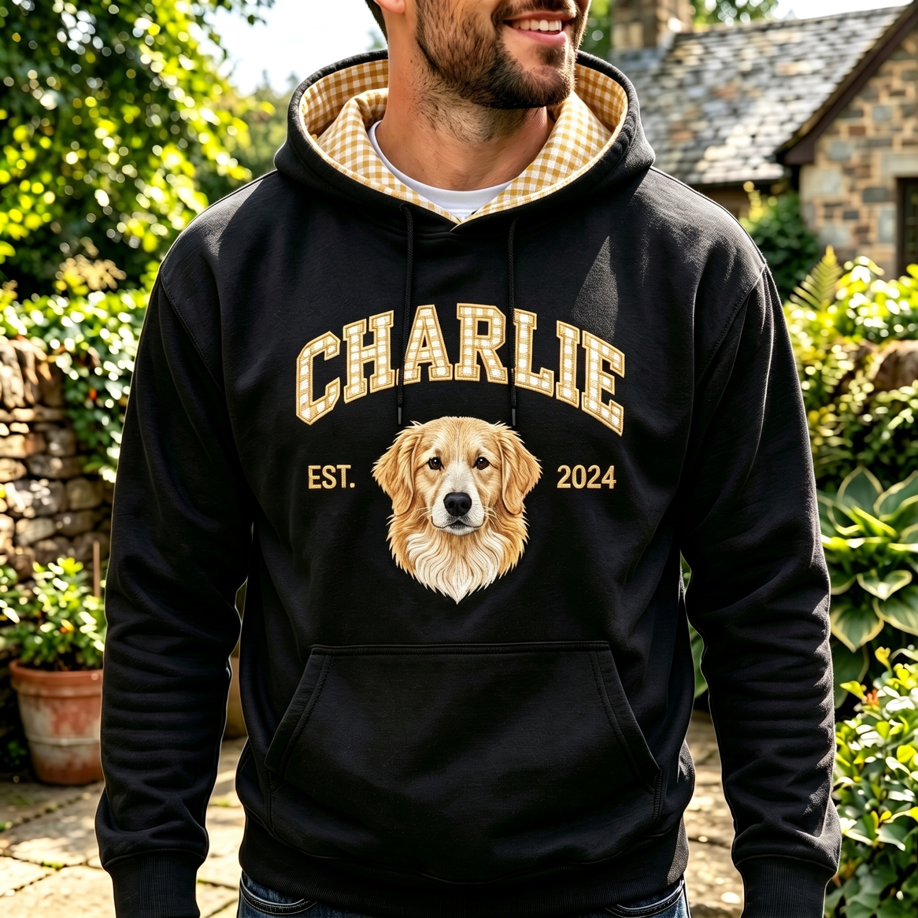 Personalized Pet Portrait Polka Dot Appliqué & Embroidered Hoodie | Custom Pet Face Patch Sweatshirt | Unique Gift for Dog & Cat Lovers
