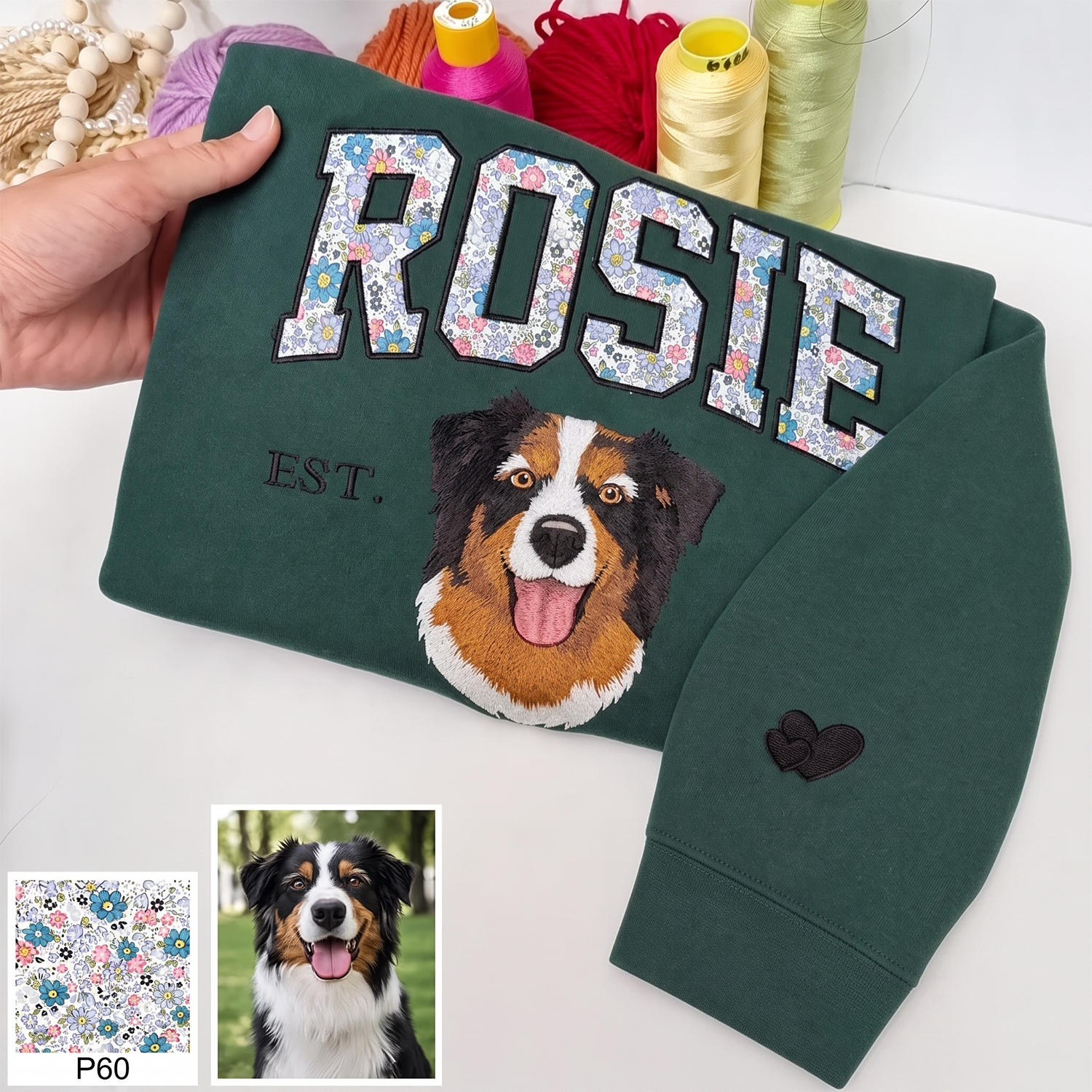 Custom Pet Portrait Floral Applique Embroidered T-Shirt Sweatshirt - Personalized Gift for Pet Lovers with EST Year