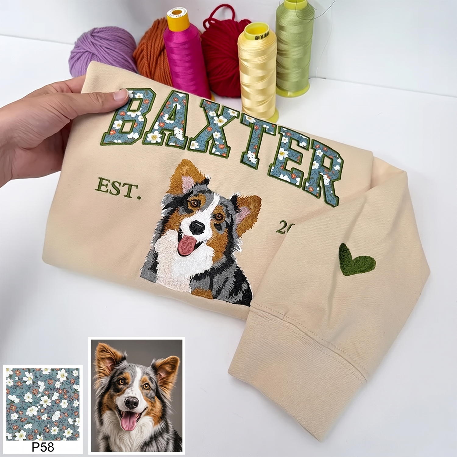 Custom Pet Portrait Floral Applique Embroidered T-Shirt Sweatshirt - Personalized Gift for Pet Lovers with EST Year