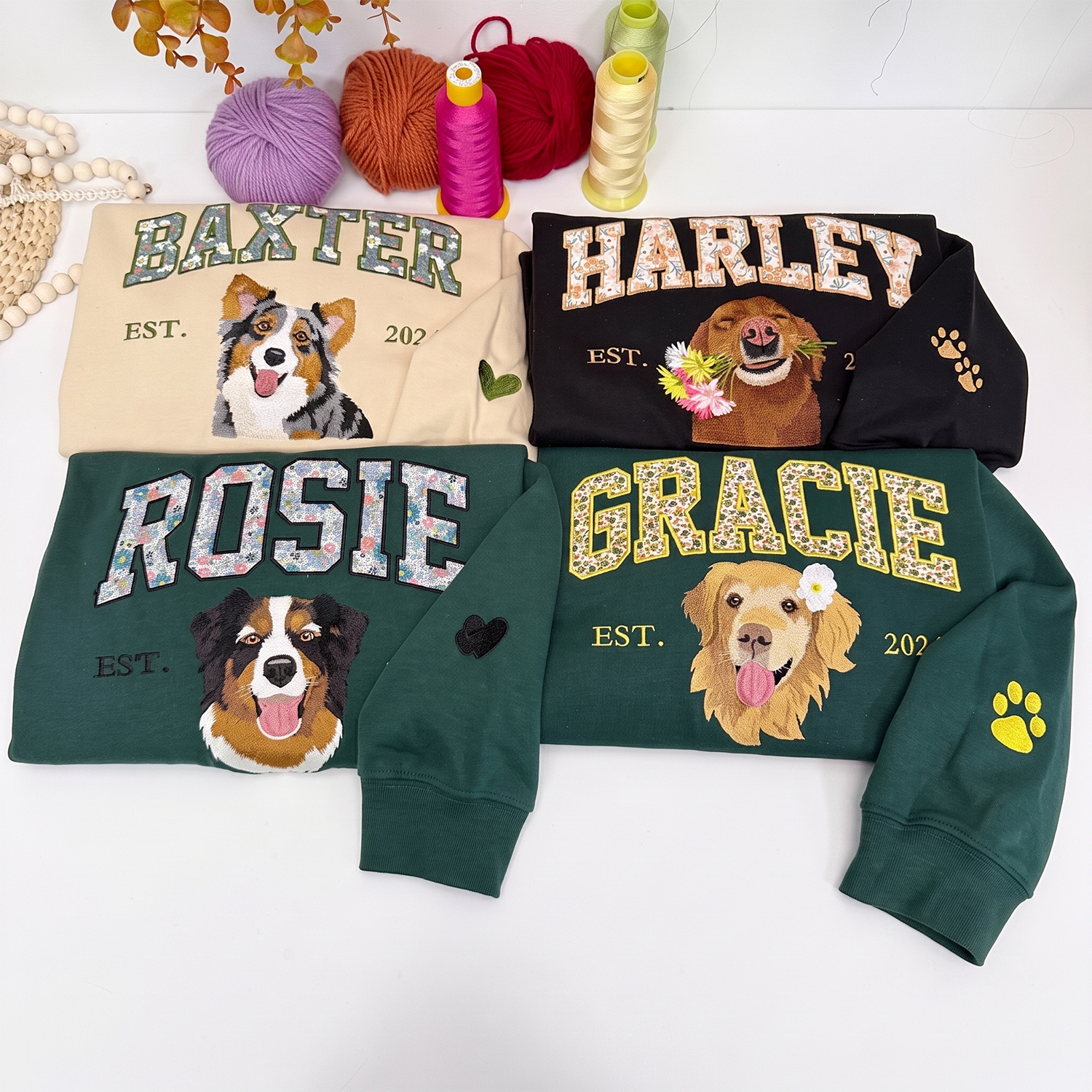 Custom Pet Portrait Floral Applique Embroidered T-Shirt Sweatshirt - Personalized Gift for Pet Lovers with EST Year