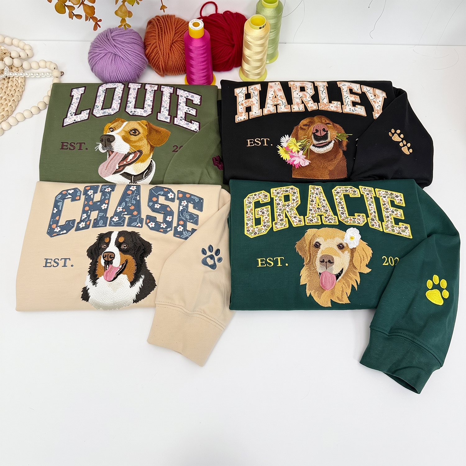 Custom Pet Portrait Floral Applique Embroidered T-Shirt Sweatshirt - Personalized Gift for Pet Lovers with EST Year