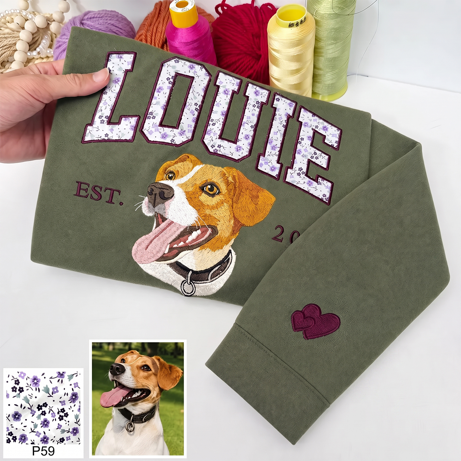 Custom Pet Portrait Floral Applique Embroidered T-Shirt Sweatshirt - Personalized Gift for Pet Lovers with EST Year