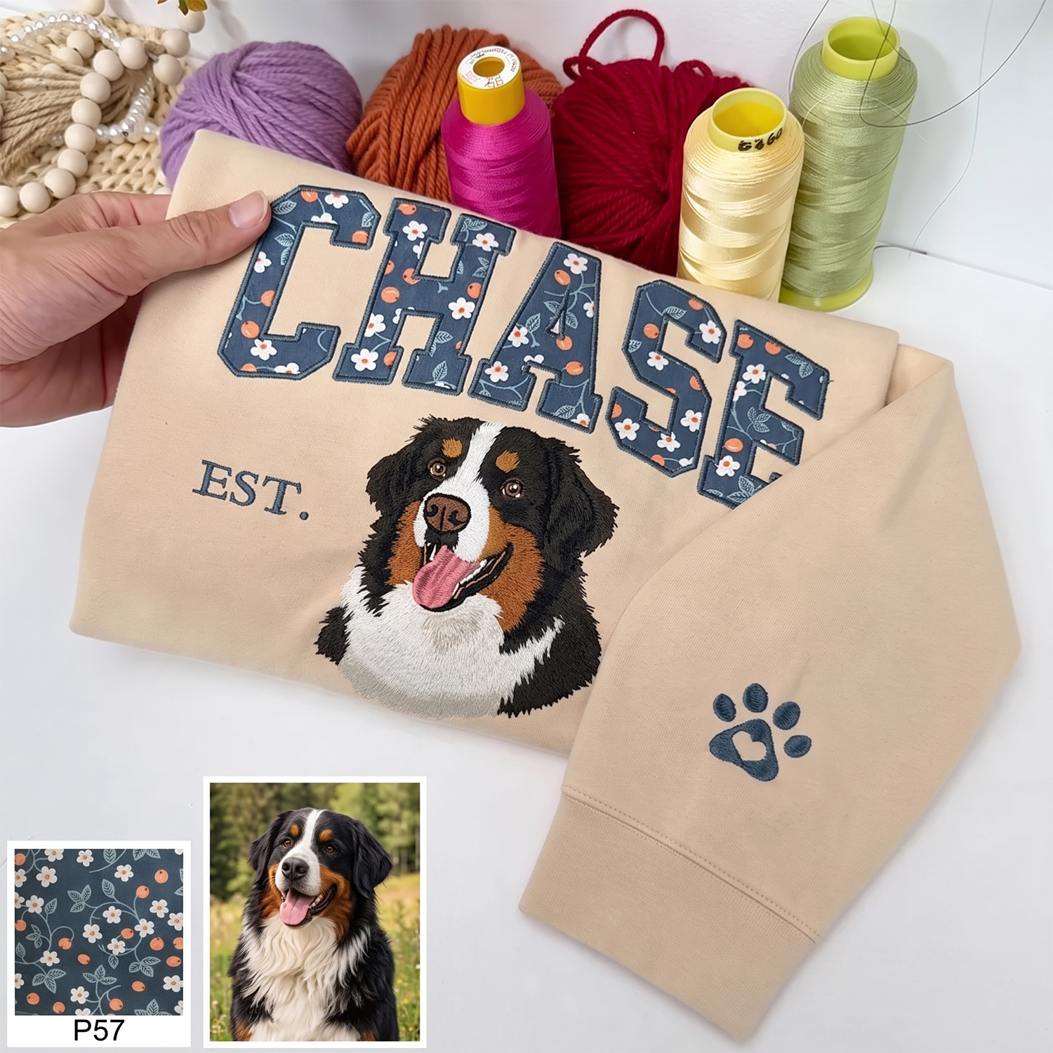 Custom Pet Portrait Floral Applique Embroidered T-Shirt Sweatshirt - Personalized Gift for Pet Lovers with EST Year