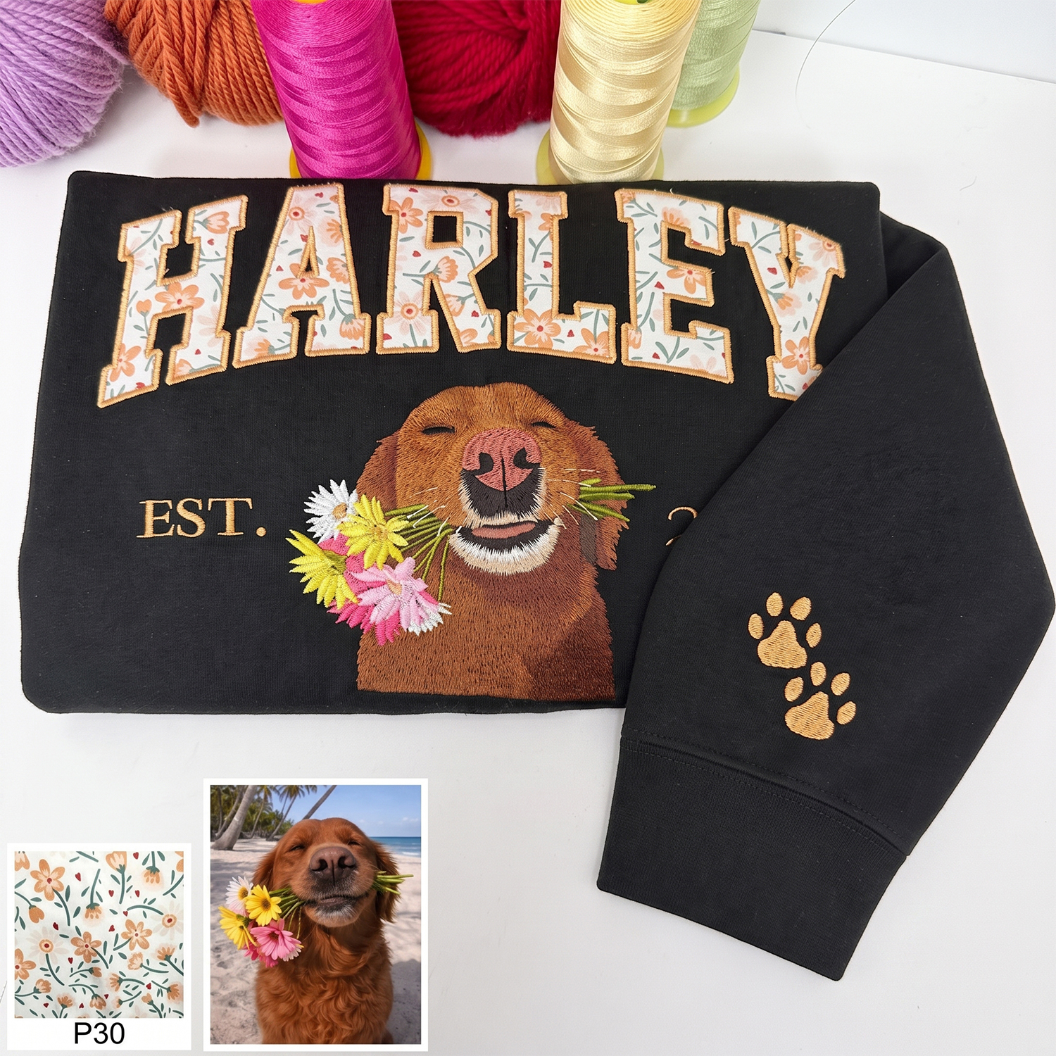 Custom Pet Portrait Floral Applique Embroidered T-Shirt Sweatshirt - Personalized Gift for Pet Lovers with EST Year