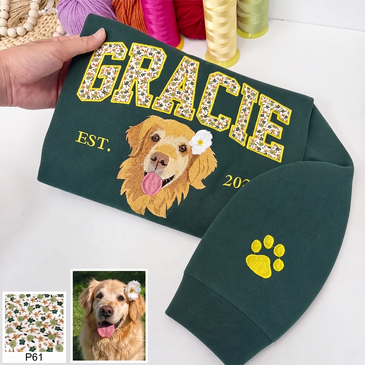 Custom Pet Portrait Floral Applique Embroidered T-Shirt Sweatshirt - Personalized Gift for Pet Lovers with EST Year