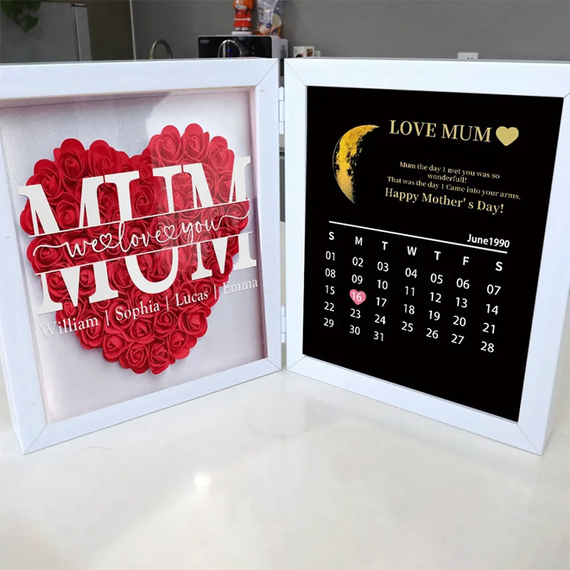 Mum We Love You With REAL MOON PHASE Anniversary Calendar - Personalized Flower Shadow Box-forlovever