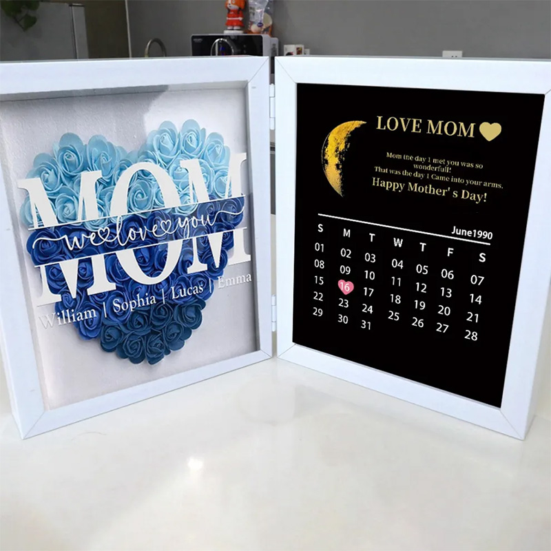 Mum We Love You With REAL MOON PHASE Anniversary Calendar - Personalized Flower Shadow Box-forlovever