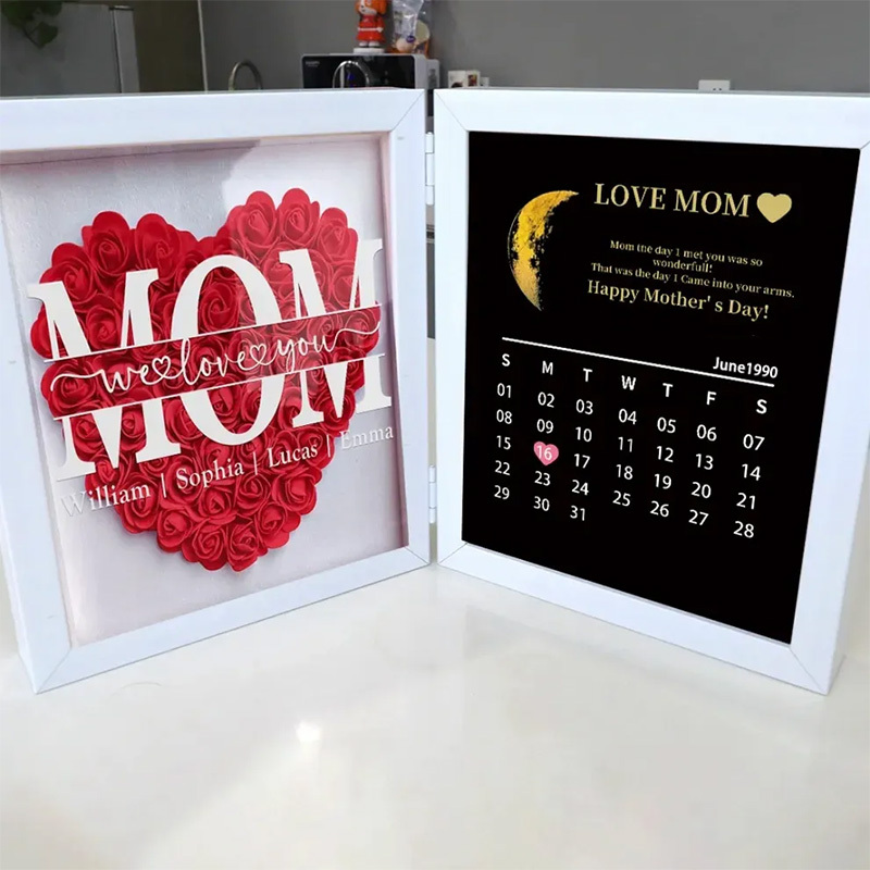 Mum We Love You With REAL MOON PHASE Anniversary Calendar - Personalized Flower Shadow Box-forlovever