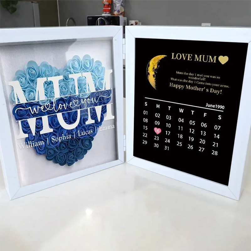 Mum We Love You With REAL MOON PHASE Anniversary Calendar - Personalized Flower Shadow Box-forlovever
