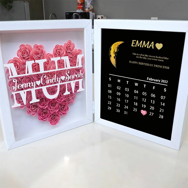 (Mum&Grandmum With Name) With REAL MOON PHASE Anniversary Calendar Custom flower frame-forlovever