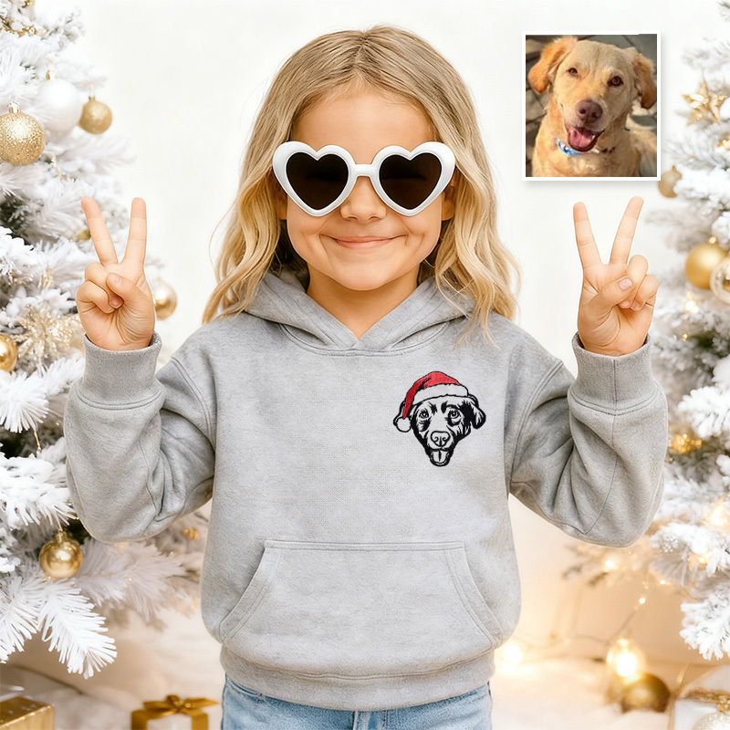 Custom Christmas Pet Portrait Kids Embroidery Hoodie、Sweatshirt