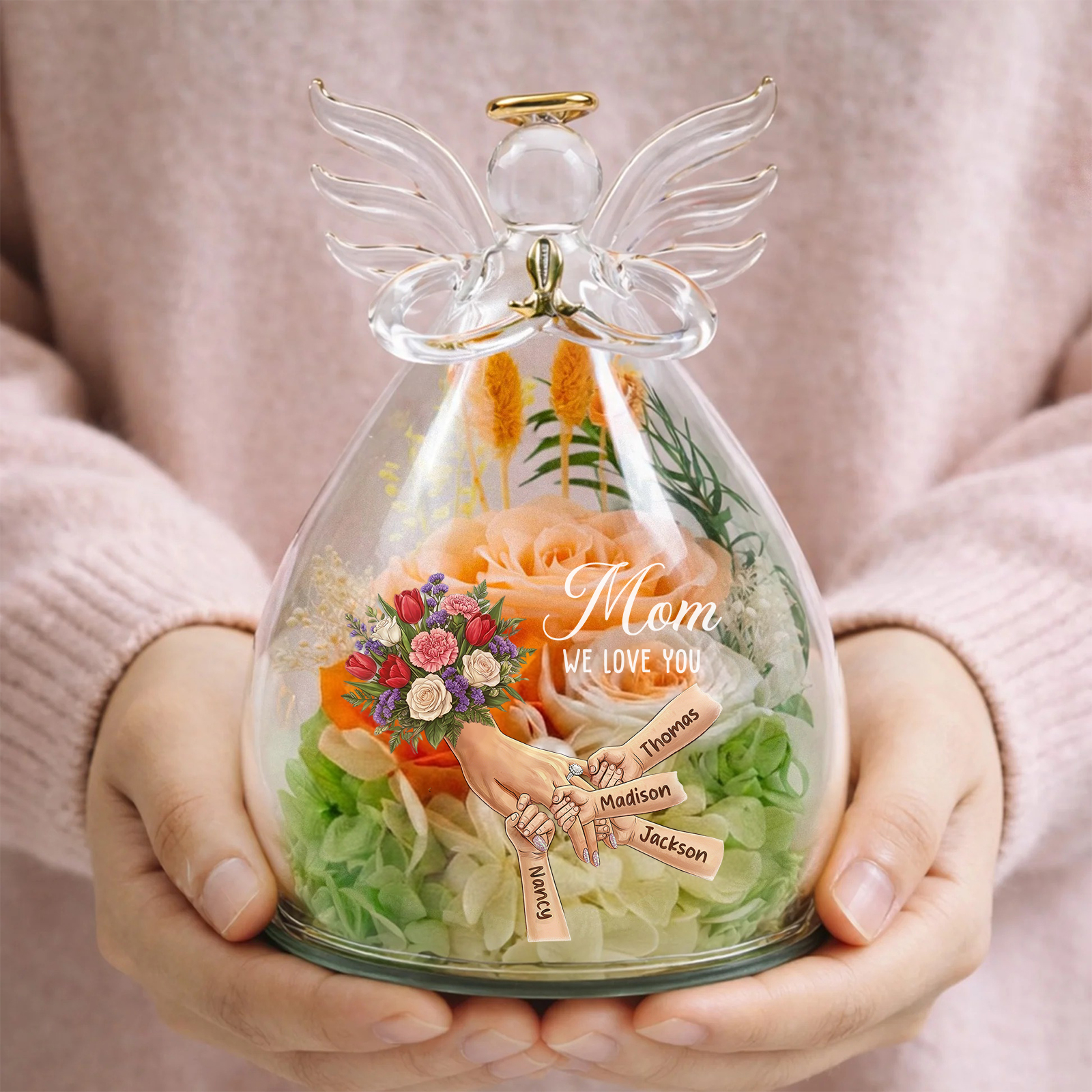 Mommy Holding Hands Personalized Flower In Angel Figurines with Ring & Manicure-Mother‘s Day Gift