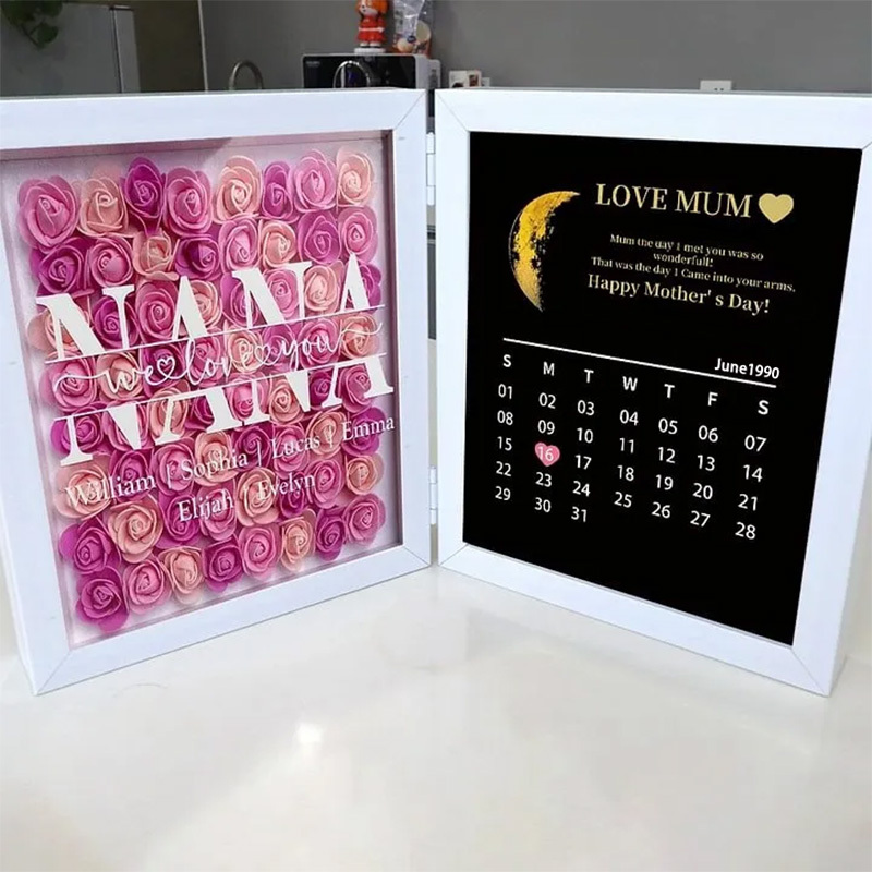 NANA Mum We Love You With REAL MOON PHASE Anniversary Calendar - Personalized Flower Shadow Box-forlovever