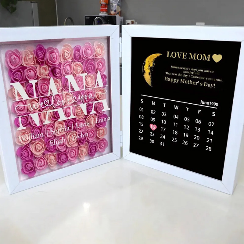 NANA Mum We Love You With REAL MOON PHASE Anniversary Calendar - Personalized Flower Shadow Box-forlovever