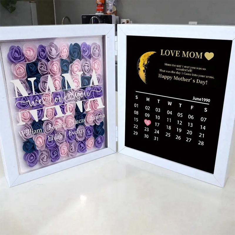 NANA Mum We Love You With REAL MOON PHASE Anniversary Calendar - Personalized Flower Shadow Box-forlovever