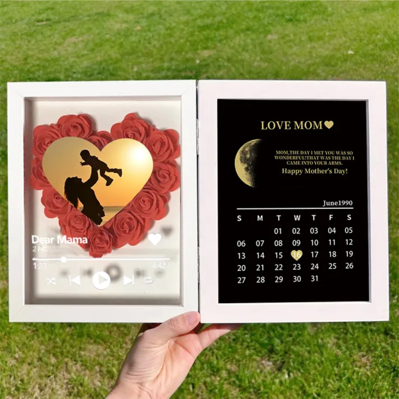 (Heart With Song) Custom Flowers Frame for Mum Grandma with REAL MOON PHASE Calendar-forlovever