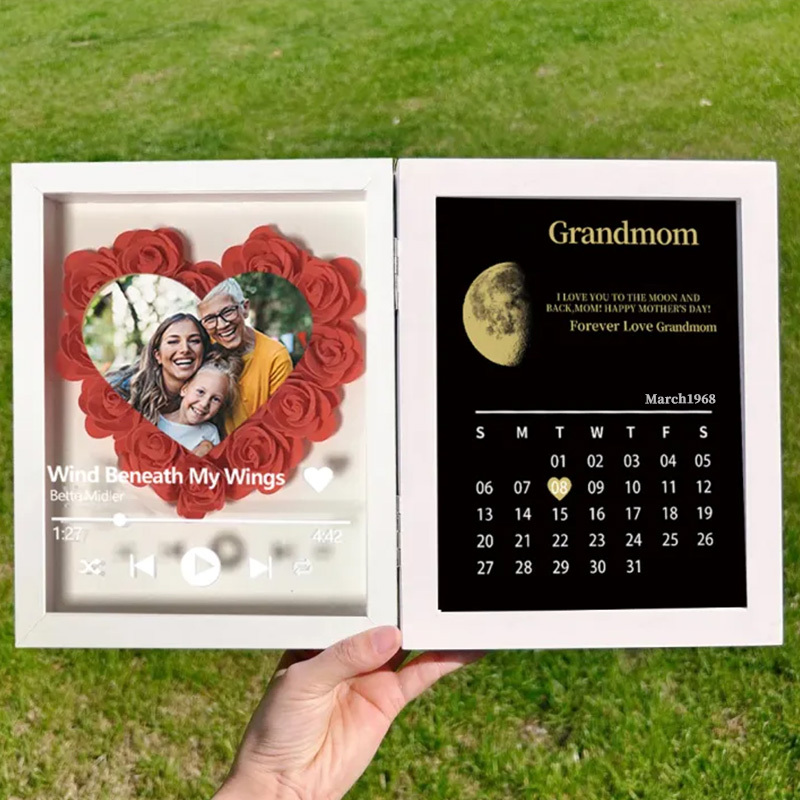 (Heart With Song) Custom Flowers Frame for Mum Grandma with REAL MOON PHASE Calendar-forlovever