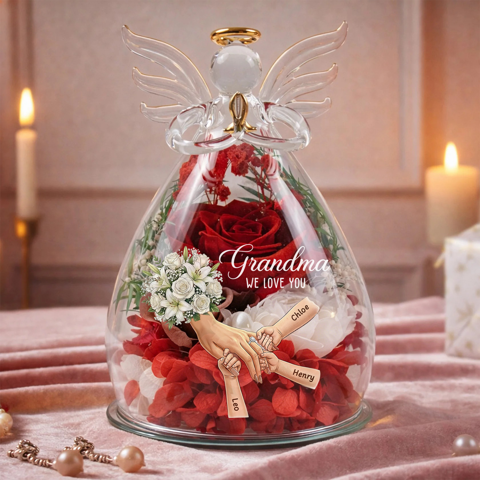 Mommy Holding Hands Personalized Flower In Angel Figurines with Ring & Manicure-Mother‘s Day Gift