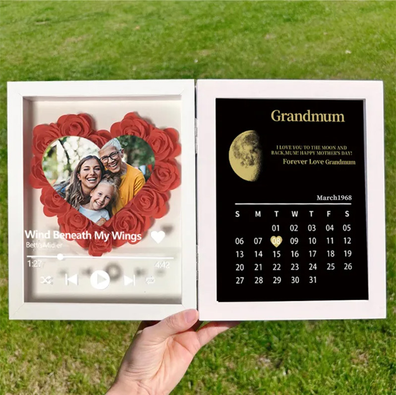 (Heart With Song) Custom Flowers Frame for Mum Grandma with REAL MOON PHASE Calendar-forlovever