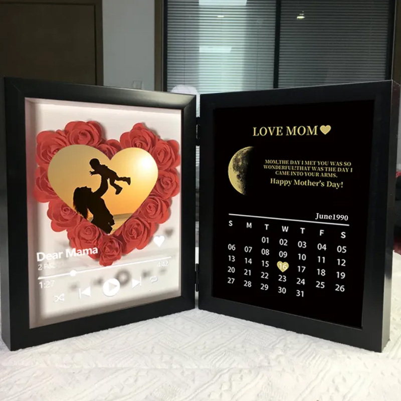 (Heart With Song) Custom Flowers Frame for Mum Grandma with REAL MOON PHASE Calendar-forlovever